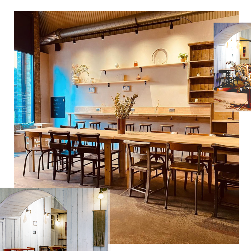 Collage of rustic interiors at Maltby Street café, featuring a communal wooden table, floral centerpiece, and cozy seating areas with modern decor