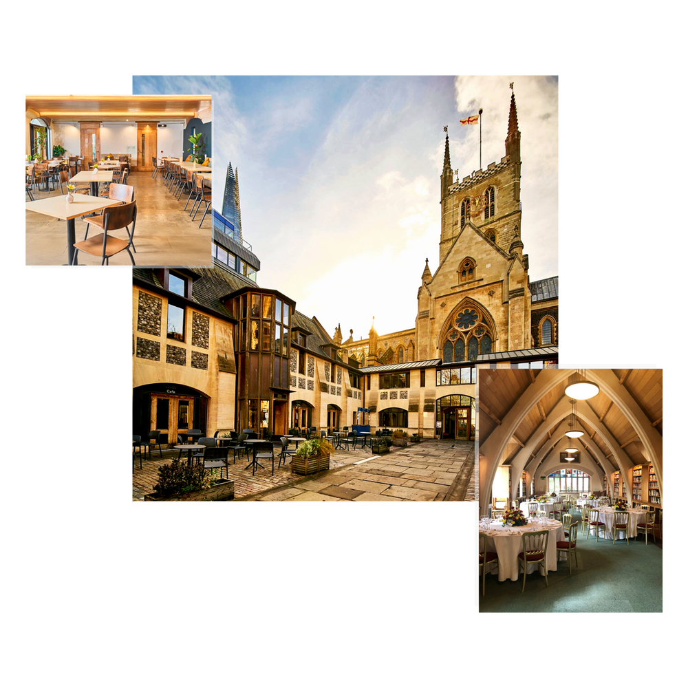 Collage showcasing Southwark Cathedral's courtyard café, interior seating area, and library-style event room, highlighting event and café spaces near Comptoir Bakery in London.