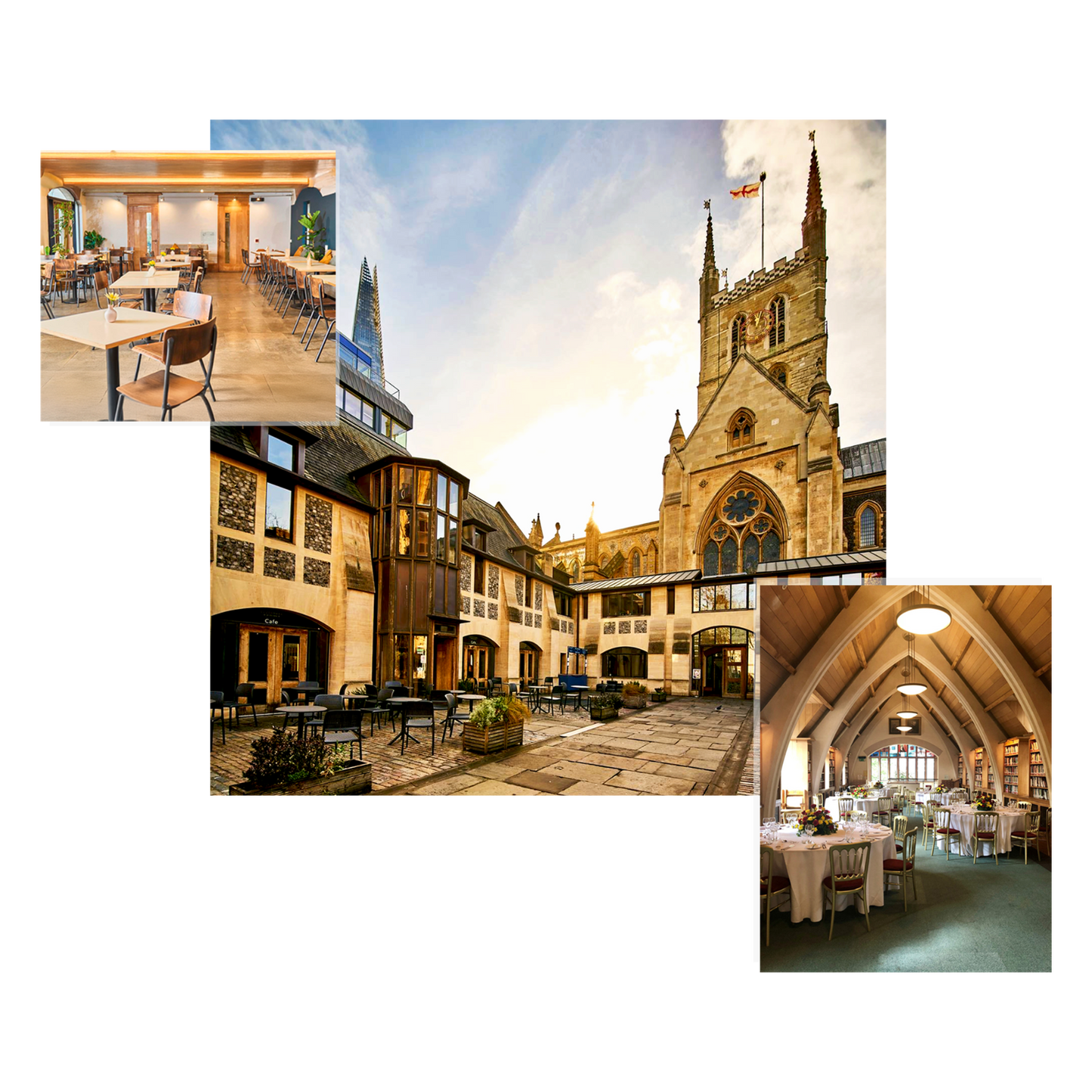 Collage showcasing Southwark Cathedral's courtyard café, interior seating area, and library-style event room, highlighting event and café spaces near Comptoir Bakery in London.